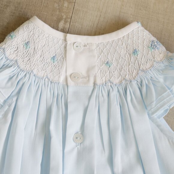 Smocked Blue and White Heirloom Romper Boutique Pin Tucks Bullion Embroidery NWT - Picture 4 of 5